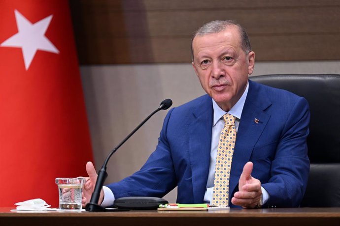 ISTANBUL, July 10, 2023  -- Turkish President Recep Tayyip Erdogan talks to the press before leaving for Vilnius, Lithuania, at Istanbul Airport in Istanbul, Trkiye, July 10, 2023. Trkiye will support Sweden's joining NATO if the European Union (EU) r