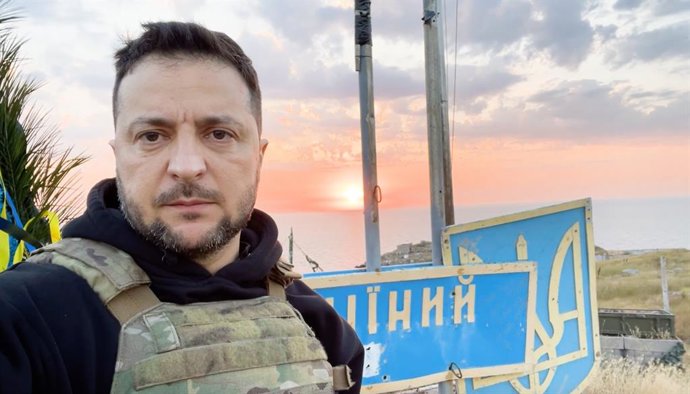 July 8, 2023, Kyiv, Kiev Oblast, Ukraine: Ukrainian President Volodymyr Zelenskyy delivers his nightly address to the nation on the 500th day of the Russian invasion from Snake Island, July 8, 2023 in Zmiinyi Island, Ukraine. The Black Sea island became