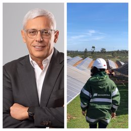 Collage de Mario Vaz (Vodafone) y planta solar fotovoltaica de Iberdrola.