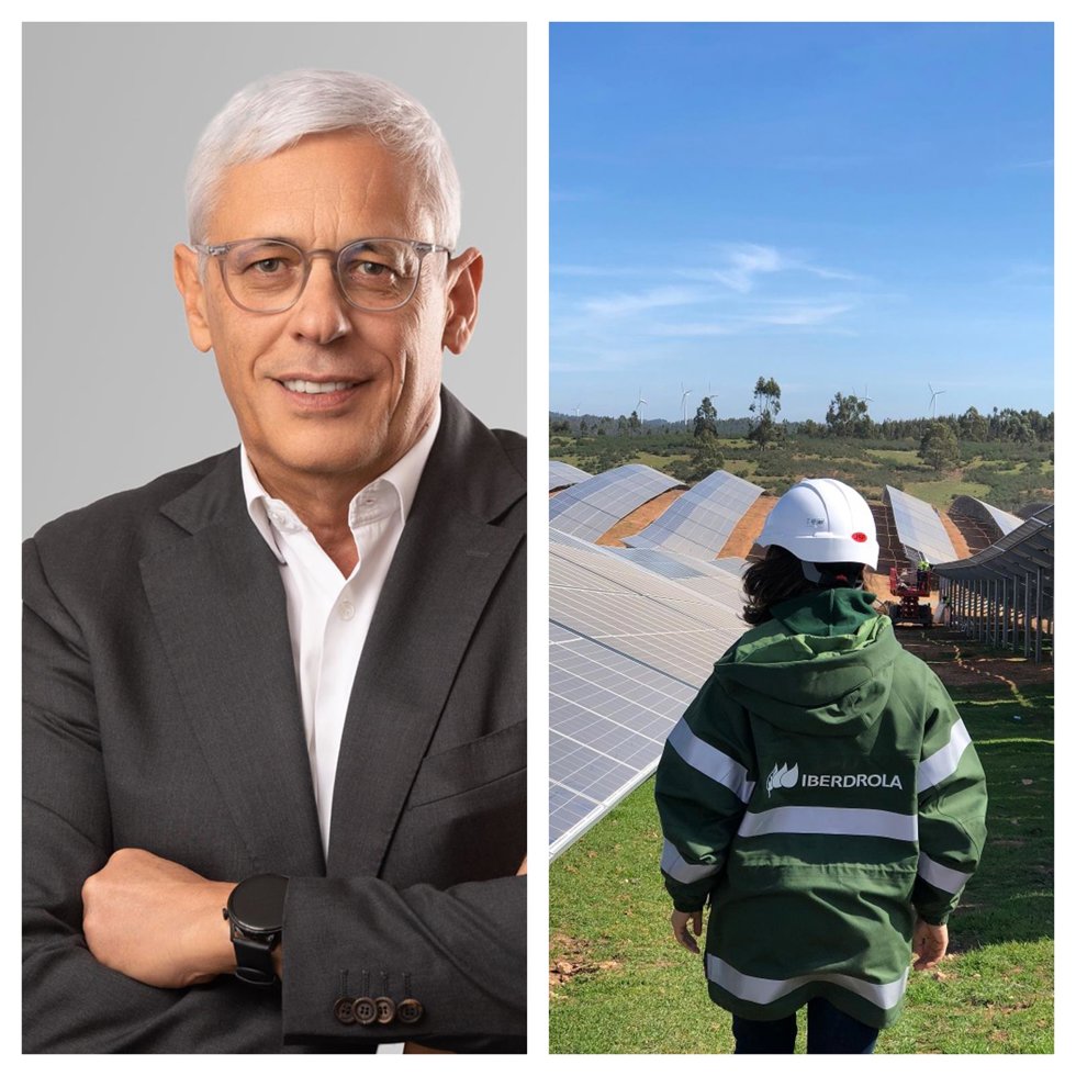 Collage de Mario Vaz (Vodafone) y planta solar fotovoltaica de Iberdrola.