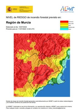 Mapa que refleja el nivel de riesgo de incendio forestal en la Región de Murcia