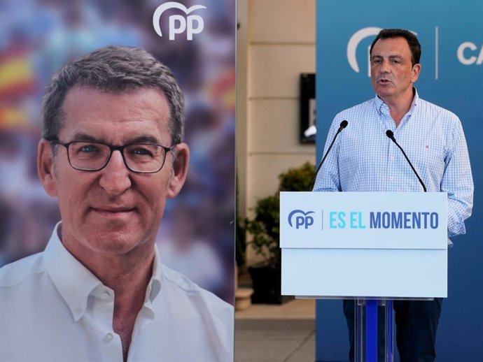 El cabeza de lista del PP de Cantabria al Congreso de los Diputados, Félix de las Cuevas (derecha) junto a una imagen de Alberto Núñez Feijóo