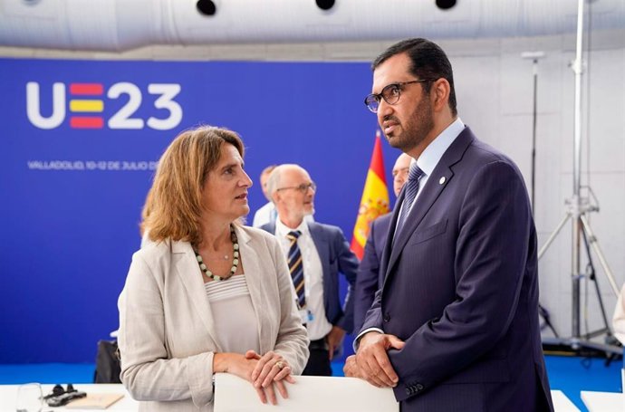 Dr. Sultan Al Jaber, COP28 President-Designate with Spanish Deputy Prime Minister and Minister for the Ecological Transition Teresa Ribera during his meeting with EU Energy and Environment Ministers in Madrid