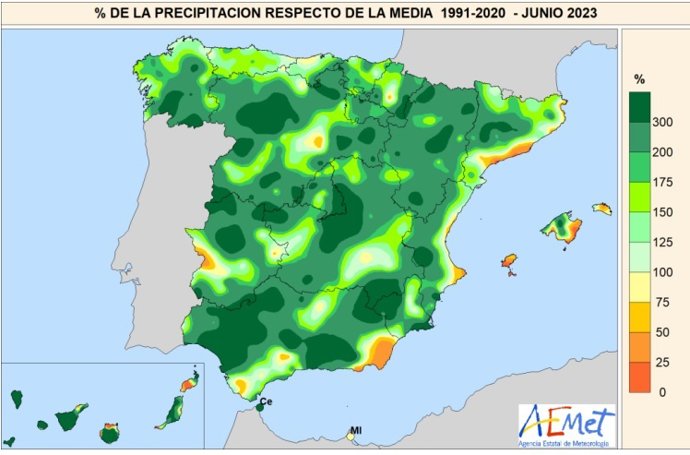 La AEMET confirma que junio de 2023 ha sido el segundo junio más lluvioso de este siglo.