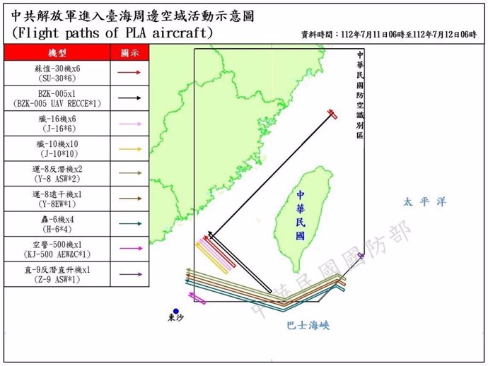 Mapa de las incursiones aéreas de cazas del Ejército de China en el espacio aéreo de Taiwán