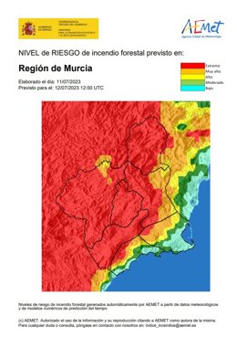 El nivel de riesgo de incendio forestal previsto para este miércoles es extremo en casi toda la Región