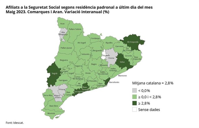 Evolución de afiliados a la Seguridad Social en junio en Catalunya por comarcas.
