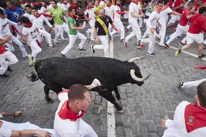 Un toro durante el sexto encierro de las fiestas de San Fermín 2023, a 12 de julio de 2023, en Pamplona, Navarra (España).