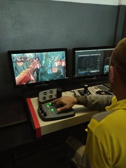 Control remoto del Jumbo para la primera perforación de voladura de desarrollo en control remoto de Matsa en la mina de Almonaster la Real (Huelva).