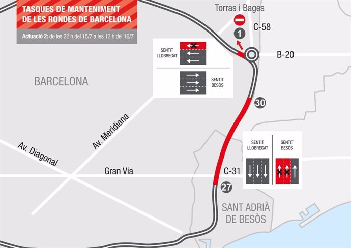 Mapa dels talls i afectacions a la ronda Litoral de Barcelona