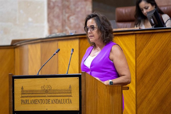 La consejera de Salud y Consumo, Catalina García, durante la primera jornada del Pleno del Parlamento andaluz, a 12 de julio de 2023, en Sevilla, (Andalucía, España). 