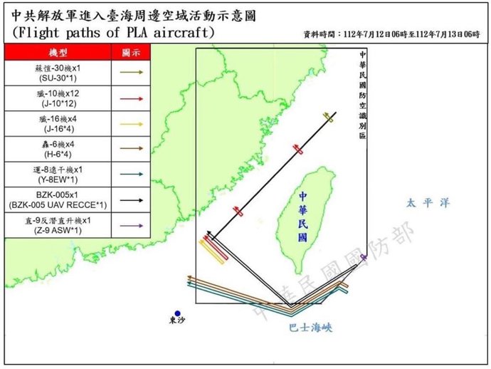 Mapa de las incursiones de cazas del Ejército de China en el espacio aéreo de Taiwán