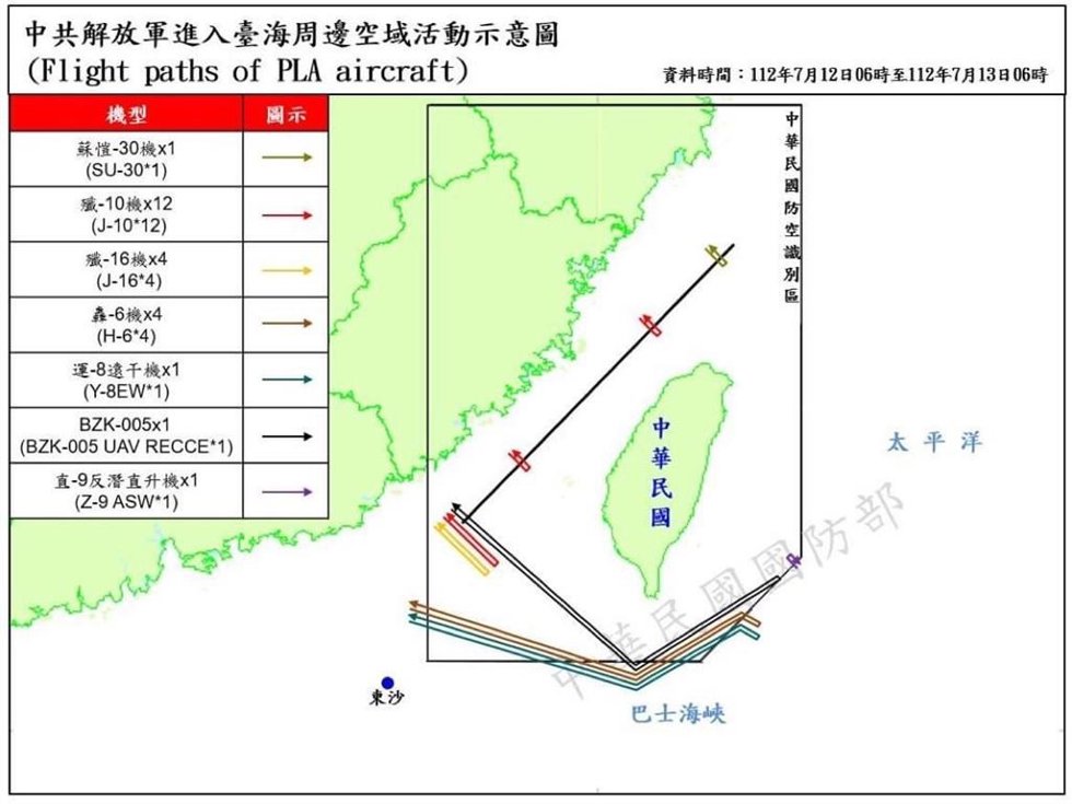 Mapa de las incursiones de cazas del Ejército de China en el espacio aéreo de Taiwán