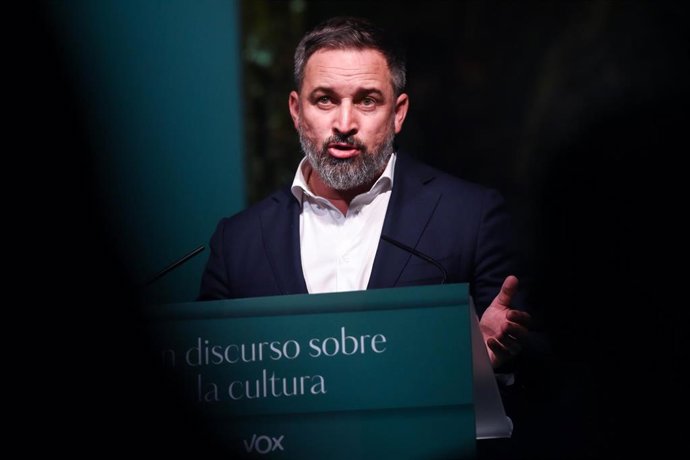 El presidente de Vox, Santiago Abascal, aborda la situación de la cultura en España con un discurso en la Fundación Carlos Amberes, a 10 de julio de 2023, en Madrid (España).