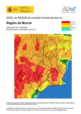 El nivel de riesgo de incendio forestal previsto para este jueves es muy alto en casi toda la Región