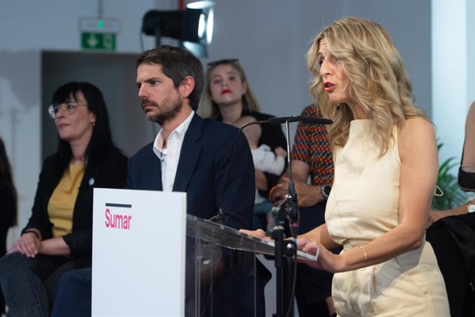 Archivo - La líder de Sumar y vicepresidenta segunda del Gobierno, ministra de Trabajo y Economía Social, Yolanda Díaz, comparece para presentar el acuerdo de coalición, a 10 de junio de 2023, en Madrid (España). 