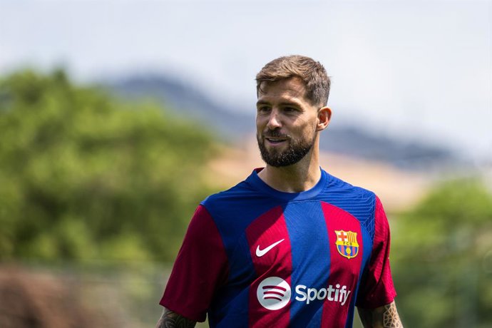 Inigo Martinez attends during his presentation as new player of FC Barcelona at Johan Cruyff stadium on July 13,  2023, in Barcelona, Spain