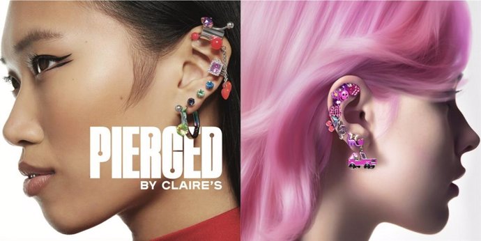LEFT: Pierced by Claire's campaign image and new logo RIGHT: AI EarPrint image created by Nicola Formichetti, the brand's Creative Director in Residence