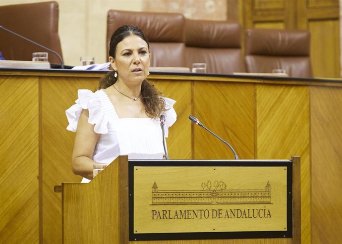 La diputada de Vox Ana Ruiz defiende una moción de su grupo en el Pleno del Parlamento andaluz.