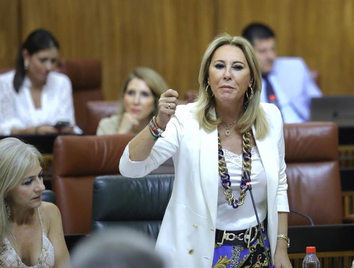 La consejera de Economía, Hacienda y Fondos Europeos, Carolina España,  en el Pleno del Parlamento andaluz
