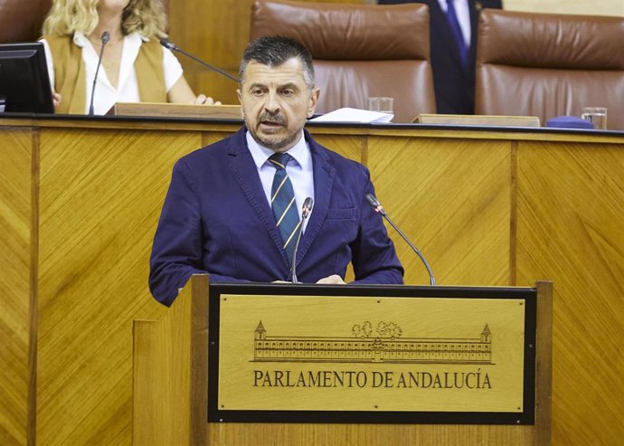 El portavoz del PP-A en el Parlamento de Andalucía, Toni Martín, este jueves en su defensa del grupo de trabajo de protección de menores ante pornografía por internet.