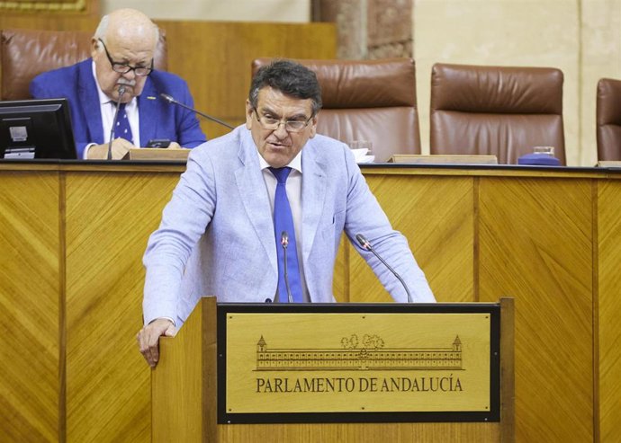 El diputado de Vox, Rafael Segovia, este jueves en la tribuna del Parlamento de Andalucía en la defensa de una PNL sobre Atención Primaria.