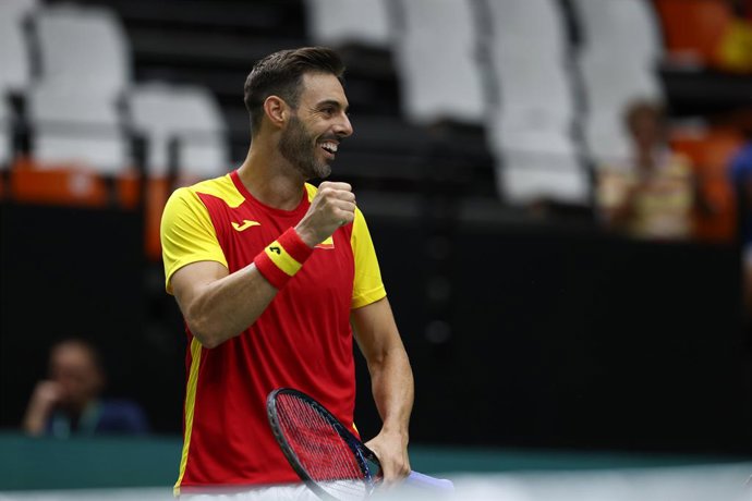 Archivo - Marcel Granollers and Pedro Martinez of Spain play doubles against Nikola Cacic and Dusan Lajovic of Serbia during the the Davis Cup by Rakuten 2022, Finals Group B, tennis match 2 played between Spain and Serbia at Fuente de San Luis pavilion