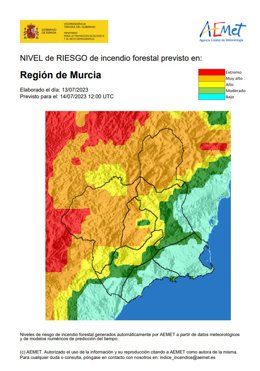 Mapa que refleja el nivel de riesgo de incendio forestal en la Región