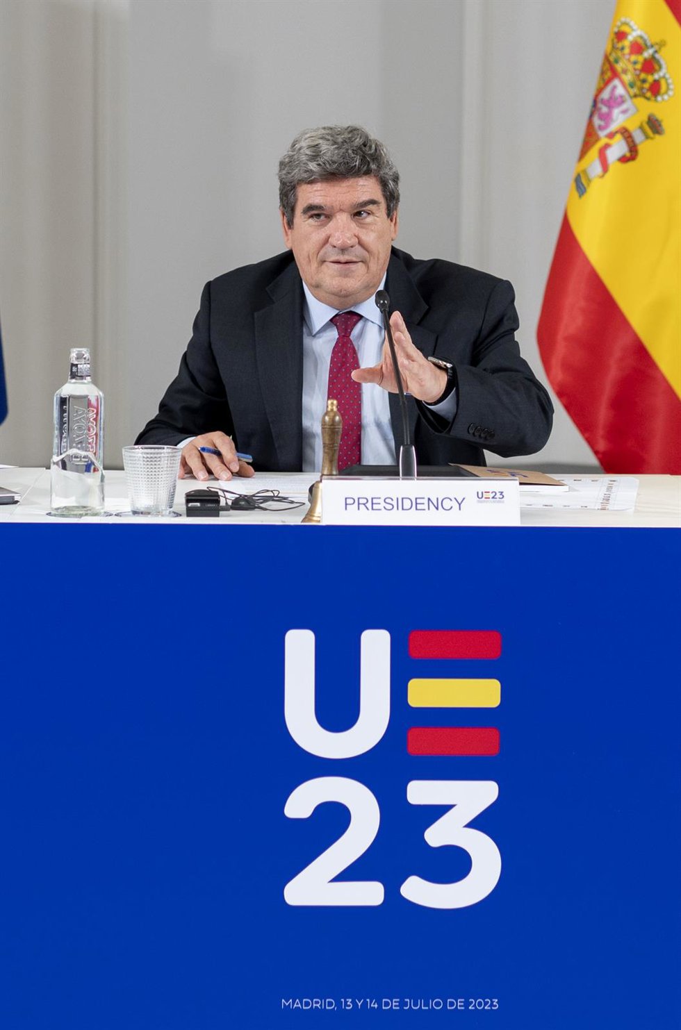 El ministro de Inclusión, Seguridad Social y Migración, José Luis Escrivá, interviene durante la segunda jornada de la reunión informal ministerial de Empleo y Políticas Sociales, en el Banco de España, a 14 de julio de 2023, en Madrid (España).