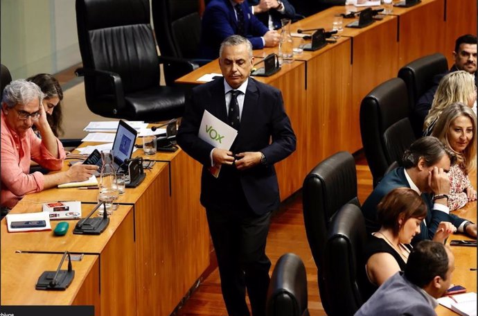 El portavoz del Grupo Parlamentario Vox, Angel Pelayo Gordillo, en el debate de investidura de la Asamblea