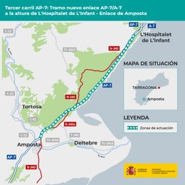 Mapa del tramo de obras por la ampliación a un tercer carril de la AP-7 entre L'Hospitalet de l'Infant y Amposta en Tarragona.