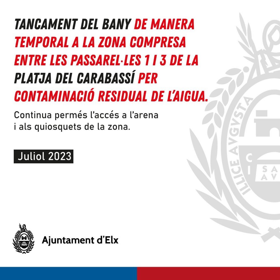 Elche cierra temporalmente al baño una zona de la playa del Carabassí por contaminación residual del agua