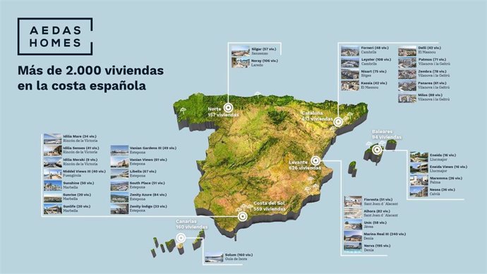 Mapa de distribución de la oferta de viviendas de Aedas Homes en el litoral español
