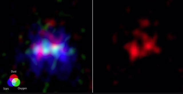 (Left) Dust in red, oxygen in green, and starlight as photographed by Hubble in blue.  (Right) Dust Emissions From ALMA Shown Alone.  An elongated elliptical cavity, a possible superbubble, is seen in the center