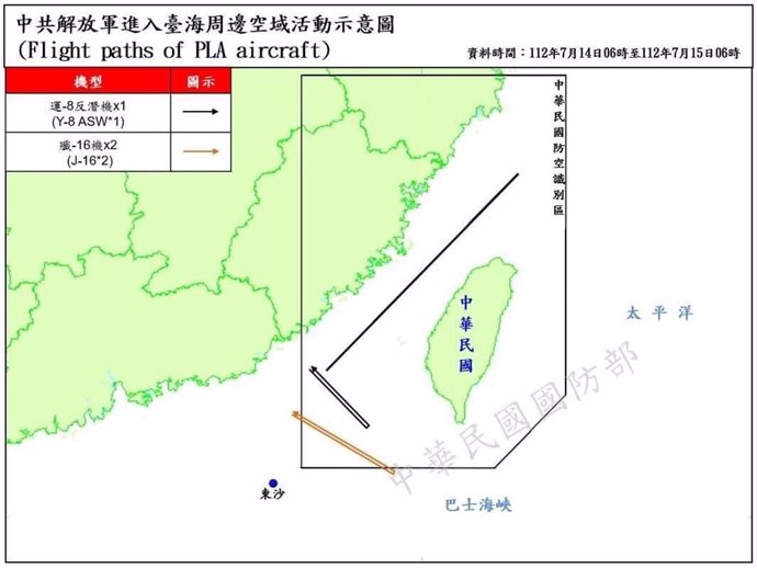 Mapa de las incursiones de cazas chinos en el espacio aéreo de Taiwán