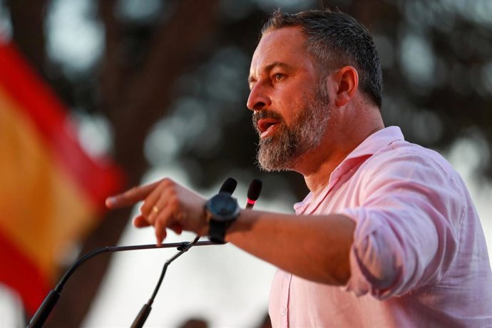 El líder de Vox y candidato a la Presidencia del Gobierno, Santiago Abascal, durante un acto de campaña electoral, a 14 de julio de 2023, en Palma de Mallorca, Mallorca, Islas Baleares (España). 