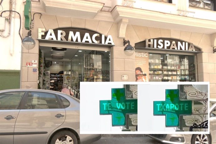 Un farmacéutico de Ceuta denuncia el jaqueo de su letrero con la frase 'Que te vote Txapote'