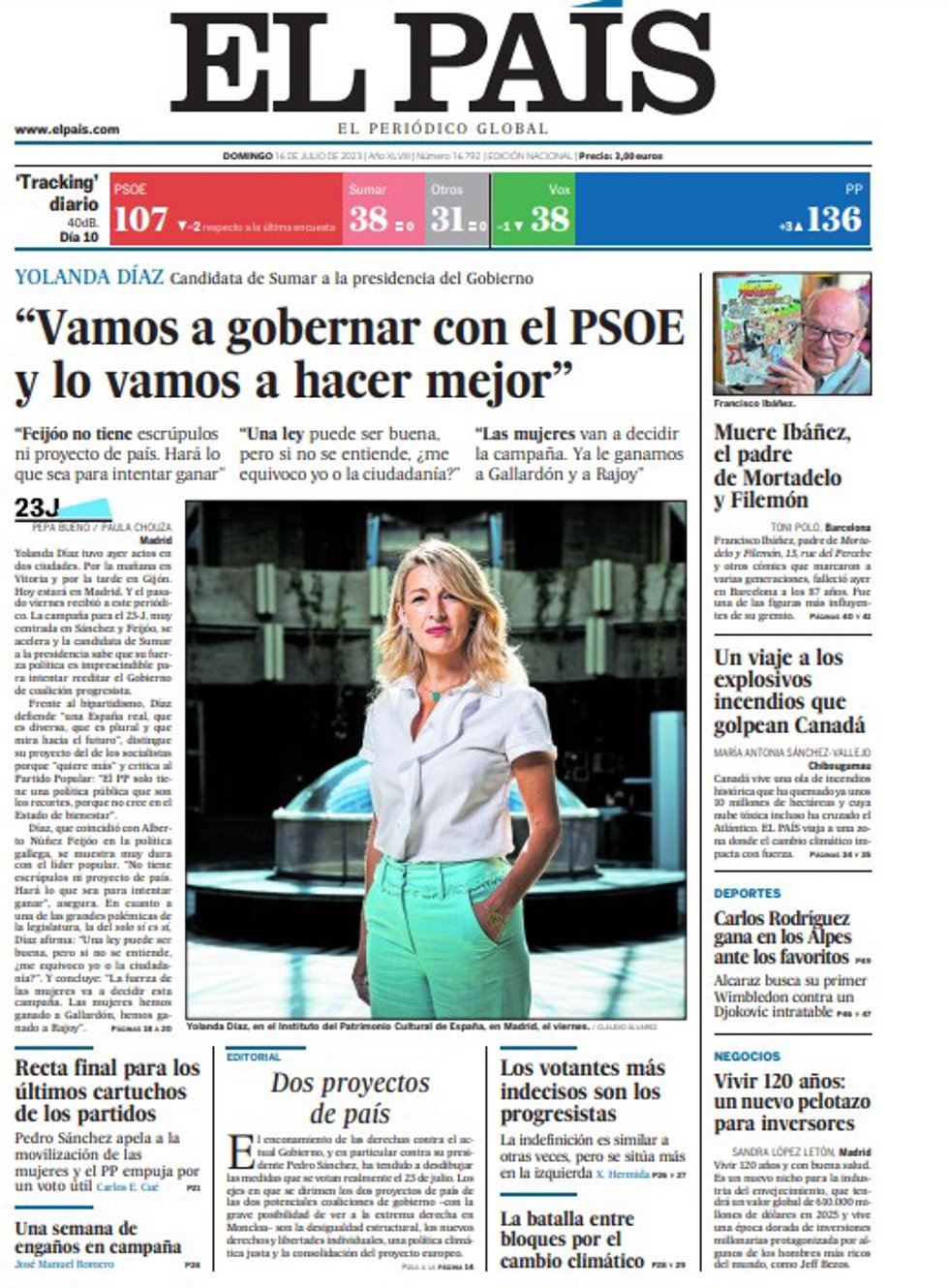 Portada de El País del 16 de julio de 2023