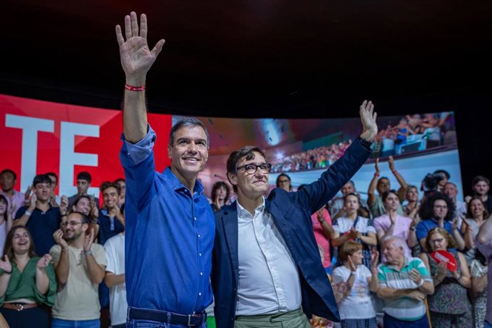 El presidente del Gobierno de España y secretario general del PSOE, Pedro Sánchez, interviene en un mitin electoral, en el Palacio de Congresos, a 16 de julio de 2023, en Barcelona, Catalunya (España).