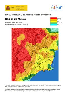 Mapa que muestra el nivel de riesgo de incendio forestal en la Región