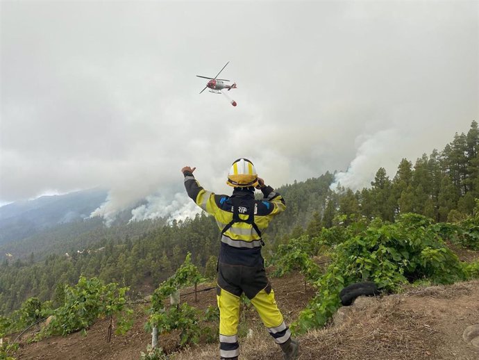 Medios aéreos y terrestres actuando en el incendio de La Palma