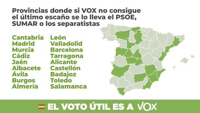 Mapa de España donde Vox reivindica ser el voto útil el 23J