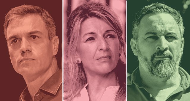 Los candidatos Pedro Sánchez (PSOE), Yolanda Díaz (Sumar) y Santiago Abascal (Vox)