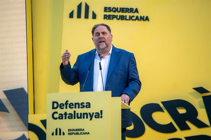 El presidente de ERC, Oriol Junqueras, durante el acto central de campaña por el 23J