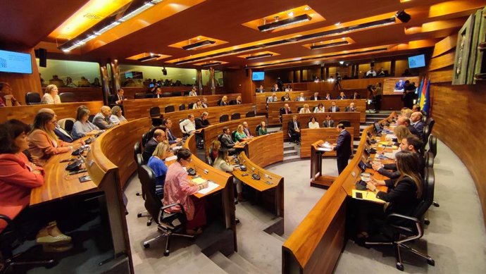 El presidente del Principado en funciones y candidato a la reelección, el socialista Adrián Barbón, durante su intervención en el pleno de elección del Presidente en la Junta General.