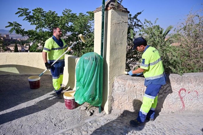 Operarios del plan antipintadas activado en Granada.