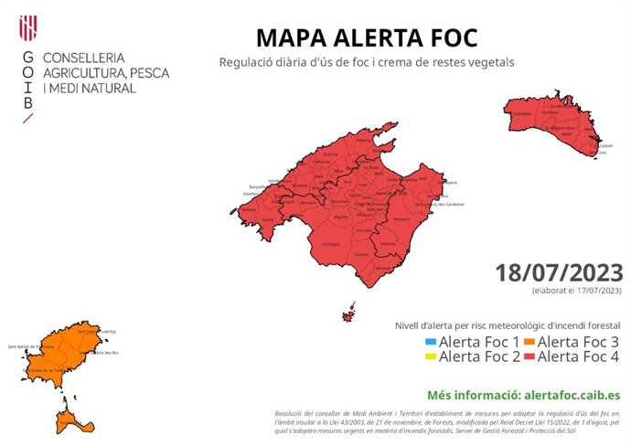 Mapa de Alerta Foc por riesgo de incendios en Baleares para este martes.