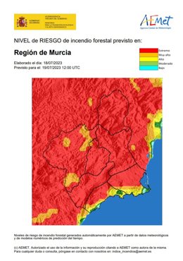 El nivel de riesgo de incendio forestal previsto para este miércoles es extremo en la mayor parte de la Región