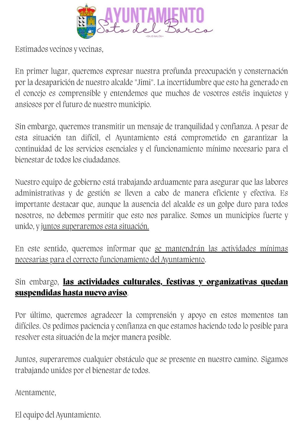 Comunicado del Ayuntamiento de Soto del Barco