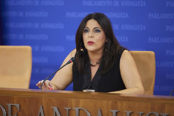 La portavoz del Grupo Parlamentario Socialista, Ángeles Férriz, durante la ronda de ruedas de prensa de portavoces de los grupos parlamentarios en el Parlamento de Andalucía, a 19 de julio de 2023 en Sevilla (Andalucía, España). Los portavoces de los gr